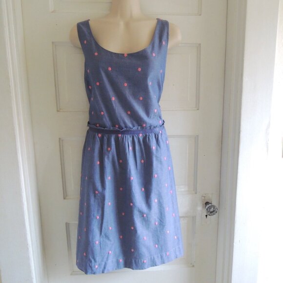 LOFT Blue Chambray Embroidered Pink Polka Dot Dress 14 - Picture 1 of 11